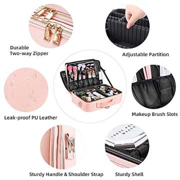 Oewoer Travel Makeup Bag, Large Capacity PU Leather Portable Multi-Compartment Cosmetic Case for Women, Durable Waterproof Portable Organizer with Easy Clean Design (L-Pink)