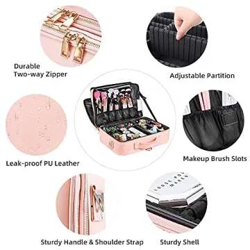 Oewoer Travel Makeup Bag, Large Capacity PU Leather Portable Multi-Compartment Cosmetic Case for Women, Durable Waterproof Portable Organizer with Easy Clean Design (L-Pink)