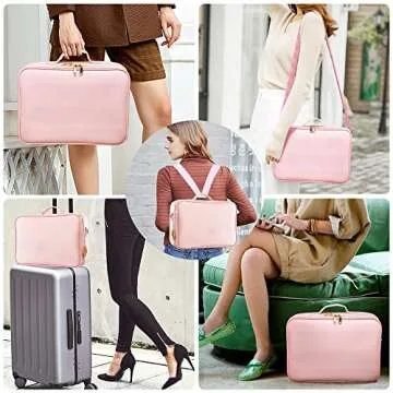 Oewoer Travel Makeup Bag, Large Capacity PU Leather Portable Multi-Compartment Cosmetic Case for Women, Durable Waterproof Portable Organizer with Easy Clean Design (L-Pink)