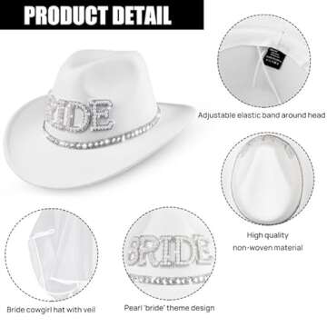 MGupzao Cowboy Hat and Veil - Bachelorette Party Decor, White Cowgirl Hat Wedding Bridal Shower Favors, Bride to be Gift, Country Western Style
