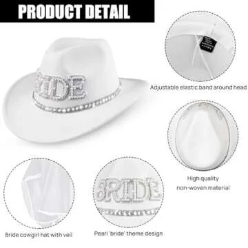 MGupzao Cowboy Hat and Veil - Bachelorette Party Decor, White Cowgirl Hat Wedding Bridal Shower Favors, Bride to be Gift, Country Western Style