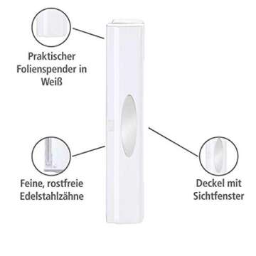 WENKO Plastic Wrap Dispenser with Cutter, Saran Film Holder, Refillable Aluminum Foil Wrap Dispenser with Slide Cutter for Kitchen Organization, 14.96 x 2.05 x 2.64 in, White