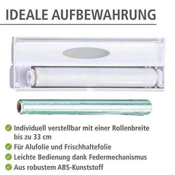 WENKO Plastic Wrap Dispenser with Cutter, Saran Film Holder, Refillable Aluminum Foil Wrap Dispenser with Slide Cutter for Kitchen Organization, 14.96 x 2.05 x 2.64 in, White