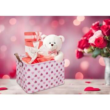 NTAOHAMPER Rectangular Pink Heart Gift Basket Empty,Fabric Storage Basket with Handles,Kids Toys/Boo...