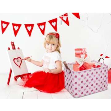 NTAOHAMPER Rectangular Pink Heart Gift Basket Empty,Fabric Storage Basket with Handles,Kids Toys/Books Box,Lovely Storage Bin,Room Decor,Gift Basket for Girls(Pink Love)