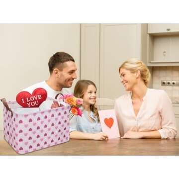 NTAOHAMPER Rectangular Pink Heart Gift Basket Empty,Fabric Storage Basket with Handles,Kids Toys/Books Box,Lovely Storage Bin,Room Decor,Gift Basket for Girls(Pink Love)