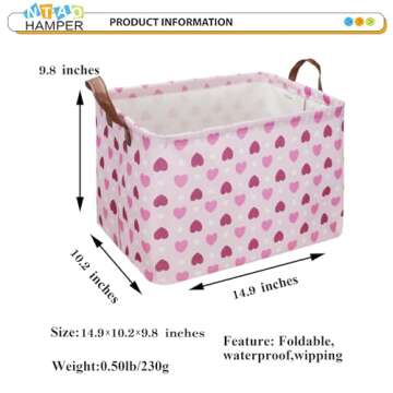 NTAOHAMPER Rectangular Pink Heart Gift Basket Empty,Fabric Storage Basket with Handles,Kids Toys/Books Box,Lovely Storage Bin,Room Decor,Gift Basket for Girls(Pink Love)