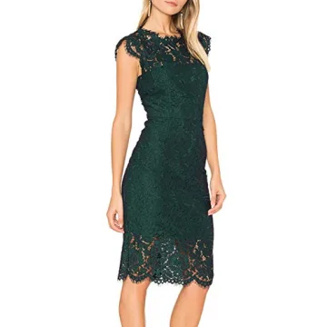MEROKEETY Women's Sleeveless Lace Floral Elegant Cocktail Dress Crew Neck Knee Length for Party, Dark Green, Large