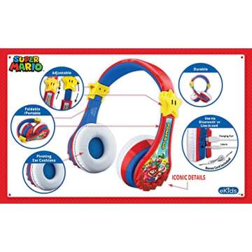 Super Mario Wireless Bluetooth Portable Kids Headphones with Microphone, Volume Reduced to Protect H...