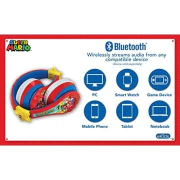 Super Mario Wireless Bluetooth Portable Kids Headphones with Microphone, Volume Reduced to Protect Hearing Rechargeable Battery, Adjustable Kids Headband for School Home or Travel