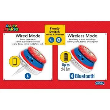 Super Mario Wireless Bluetooth Portable Kids Headphones with Microphone, Volume Reduced to Protect Hearing Rechargeable Battery, Adjustable Kids Headband for School Home or Travel