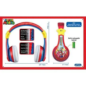 Super Mario Wireless Bluetooth Portable Kids Headphones with Microphone, Volume Reduced to Protect Hearing Rechargeable Battery, Adjustable Kids Headband for School Home or Travel