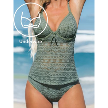 CUPSHE Women's Tankini Sets Two Piece Swimsuits V Neck Adjustable Straps Back Hook Cutout Underwire, M