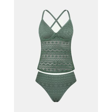 CUPSHE Women's Tankini Sets Two Piece Swimsuits V Neck Adjustable Straps Back Hook Cutout Underwire, M