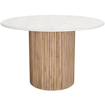 Meridian Furniture 757-T Oakhill Collection Modern | Contemporary Dining Table with Natural White Oak Finish, Solid Mango Wood Base, Genuine Marble Top, Fluted Wood, 47" W x 47" D x 30" H, Natural