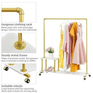 BOSURU Gold Pipe Clothing Rack Garment Rack with Shelves Retail Clothes Display Racks for Boutiques Gold Clothes Rack 51" H