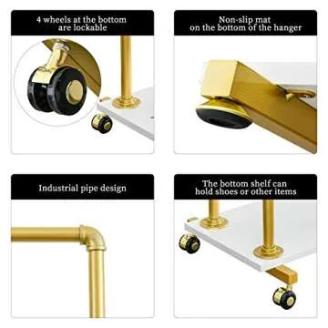 BOSURU Gold Pipe Clothing Rack Garment Rack with Shelves Retail Clothes Display Racks for Boutiques Gold Clothes Rack 51" H