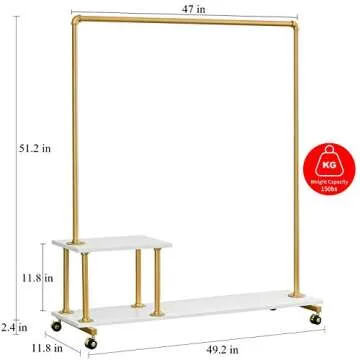 BOSURU Gold Pipe Clothing Rack Garment Rack with Shelves Retail Clothes Display Racks for Boutiques Gold Clothes Rack 51" H