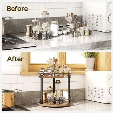 YATINEY Lazy Susan Organizer, Rotating Spice Rack, 2 Tier Spice Turntable Organizer, Industrial Turntable Spice Holder, for Kitchen Countertop and Cabinet, Compact and Versatile, Rustic Brown SR22BR