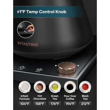 INTASTING Electric Kettles, Gooseneck Electric Kettle, ±1℉ Temperature Control, Stainless Steel Inner, Quick Heating, for Pour Over Coffee, Brew Tea, Boil Hot Water, 0.9L Black