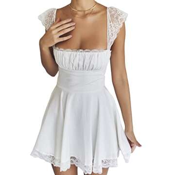 Women Sexy Lace Patchwork Low Cut Short Sling Dress Summer Backless Sleeveless Slim A-Line Mini Party Club Dress (C-White, M)