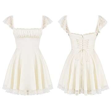 Women Sexy Lace Patchwork Low Cut Short Sling Dress Summer Backless Sleeveless Slim A-Line Mini Party Club Dress (C-White, M)