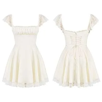 Women Sexy Lace Patchwork Low Cut Short Sling Dress Summer Backless Sleeveless Slim A-Line Mini Party Club Dress (C-White, M)