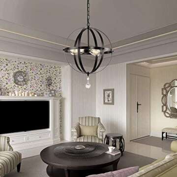 HMVPL Plug in Pendant Light Fixtures, Industrial 3 Light Globe Swag Lamp with 16.4 Ft Hanging Cord and Toggle Switch, Black Finish Vintage Metal Chandelier for Living Room Kitchen Island Hallway