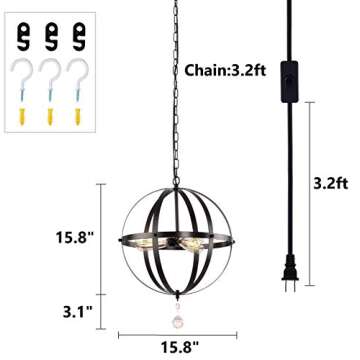 HMVPL Plug in Pendant Light Fixtures, Industrial 3 Light Globe Swag Lamp with 16.4 Ft Hanging Cord and Toggle Switch, Black Finish Vintage Metal Chandelier for Living Room Kitchen Island Hallway