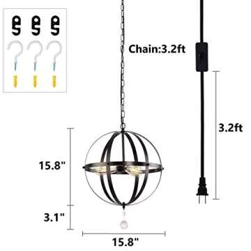 HMVPL Plug in Pendant Light Fixtures, Industrial 3 Light Globe Swag Lamp with 16.4 Ft Hanging Cord and Toggle Switch, Black Finish Vintage Metal Chandelier for Living Room Kitchen Island Hallway