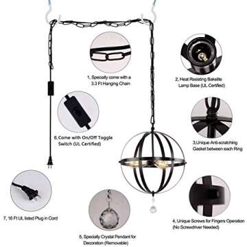 HMVPL Plug in Pendant Light Fixtures, Industrial 3 Light Globe Swag Lamp with 16.4 Ft Hanging Cord and Toggle Switch, Black Finish Vintage Metal Chandelier for Living Room Kitchen Island Hallway