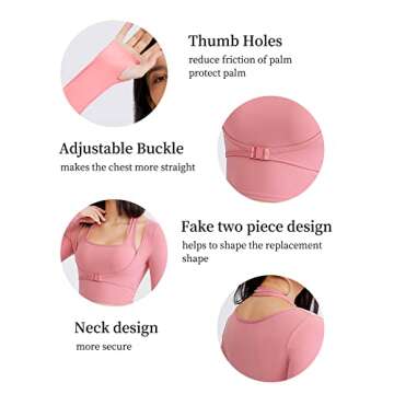 Flygo Yoga Shirts with Built in Bra Cutout Padded Crop Tops Long Sleeve Gym T Shirt for Women Workout(Pink-M)