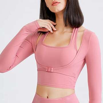 Flygo Yoga Shirts with Built in Bra Cutout Padded Crop Tops Long Sleeve Gym T Shirt for Women Workout(Pink-M)