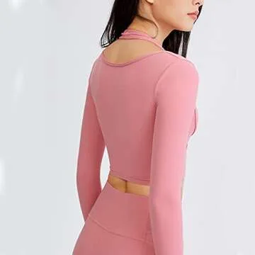 Flygo Yoga Shirts with Built in Bra Cutout Padded Crop Tops Long Sleeve Gym T Shirt for Women Workout(Pink-M)