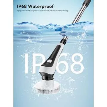 Electric Spin Scrubber,Cordless Cleaning Brush with Power Display Screen,IP68 Waterproof Shower Cleaning Brush with 8 Replaceable Brush Heads,Adjustable & Detachable Handle and 2 Adjustable Speeds