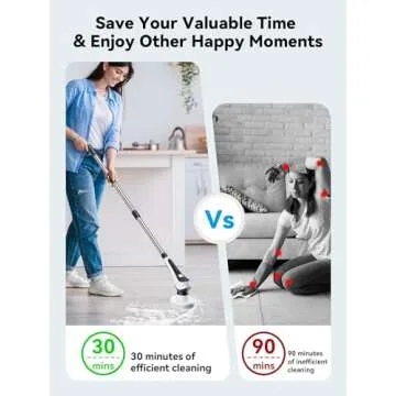 Electric Spin Scrubber,Cordless Cleaning Brush with Power Display Screen,IP68 Waterproof Shower Cleaning Brush with 8 Replaceable Brush Heads,Adjustable & Detachable Handle and 2 Adjustable Speeds