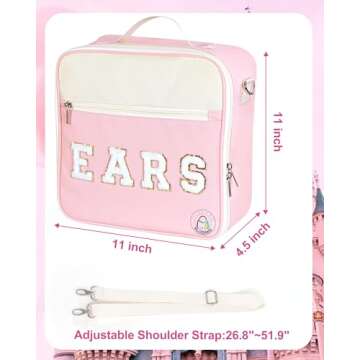 PLOZANO Mouse Ears Travel Case Multipocket Large Chenille Letter Mouse Ears Headband Holder with Shoulder Strap 11"x11"x4.5" (Pink and White)