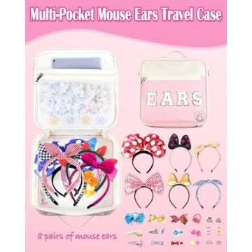 PLOZANO Mouse Ears Travel Case Multipocket Large Chenille Letter Mouse Ears Headband Holder with Shoulder Strap 11"x11"x4.5" (Pink and White)
