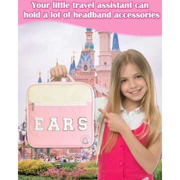 PLOZANO Mouse Ears Travel Case Multipocket Large Chenille Letter Mouse Ears Headband Holder with Shoulder Strap 11"x11"x4.5" (Pink and White)