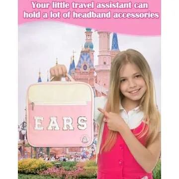 PLOZANO Mouse Ears Travel Case Multipocket Large Chenille Letter Mouse Ears Headband Holder with Shoulder Strap 11"x11"x4.5" (Pink and White)