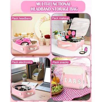 PLOZANO Mouse Ears Travel Case Multipocket Large Chenille Letter Mouse Ears Headband Holder with Shoulder Strap 11"x11"x4.5" (Pink and White)