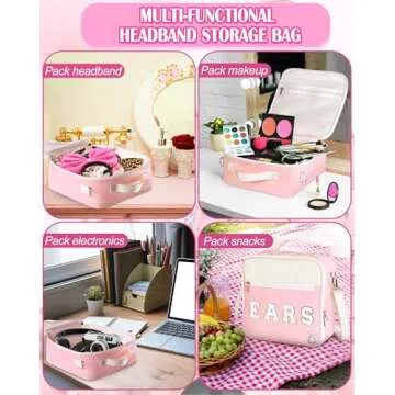 PLOZANO Mouse Ears Travel Case Multipocket Large Chenille Letter Mouse Ears Headband Holder with Shoulder Strap 11"x11"x4.5" (Pink and White)