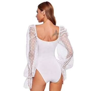WDIRARA Women's Polka Dots Sheer Dobby Mesh Square Neck Long Sleeve Skinny Bodysuit Off White M