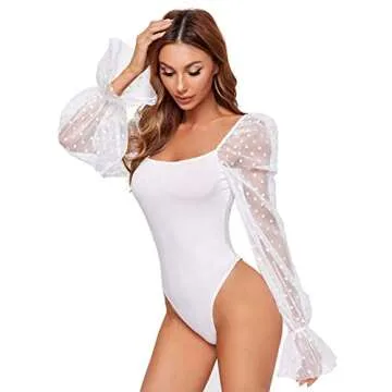 WDIRARA Women's Polka Dots Sheer Dobby Mesh Square Neck Long Sleeve Skinny Bodysuit Off White M