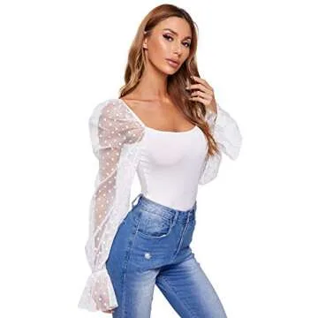 WDIRARA Women's Polka Dots Sheer Dobby Mesh Square Neck Long Sleeve Skinny Bodysuit Off White M
