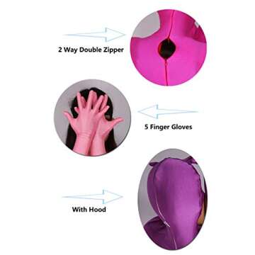 leesuo Women Men Sexy Full Bodystocking Zentai Suit Leotard Shiny Glossy Bodysuit Catsuit with Hood Gloves Rose Red
