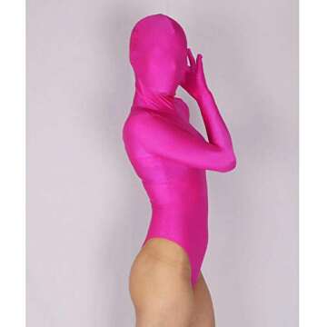 leesuo Women Men Sexy Full Bodystocking Zentai Suit Leotard Shiny Glossy Bodysuit Catsuit with Hood Gloves Rose Red
