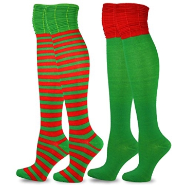 TeeHee Christmas Holiday Fun Over the Knee High Socks for Women 2-Pairs Colorblock Ruched Top Stripe...