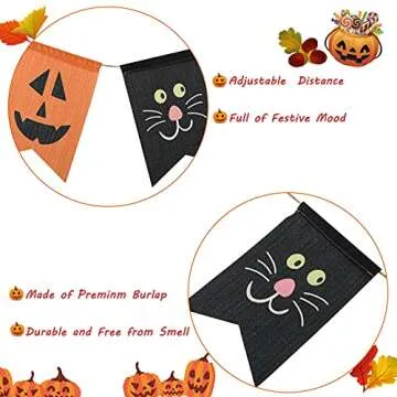 Whaline Halloween Burlap Banner Pumpkin Cat Monster Ghost Face Bunting Garland No DIY Required Cartoon Halloween Party Hanging Decoration Supplies for Home Office Fireplace Mantel Wall