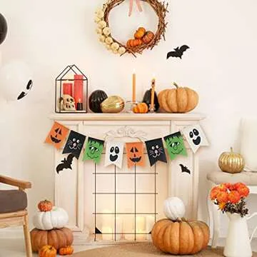 Whaline Halloween Burlap Banner Pumpkin Cat Monster Ghost Face Bunting Garland No DIY Required Cartoon Halloween Party Hanging Decoration Supplies for Home Office Fireplace Mantel Wall